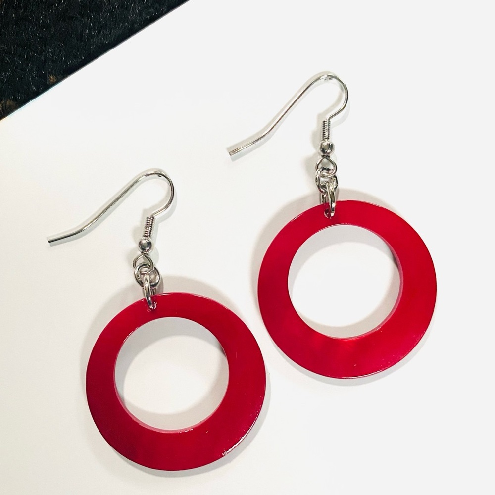 Painted Shell Red Hoop Dangling Earrings
